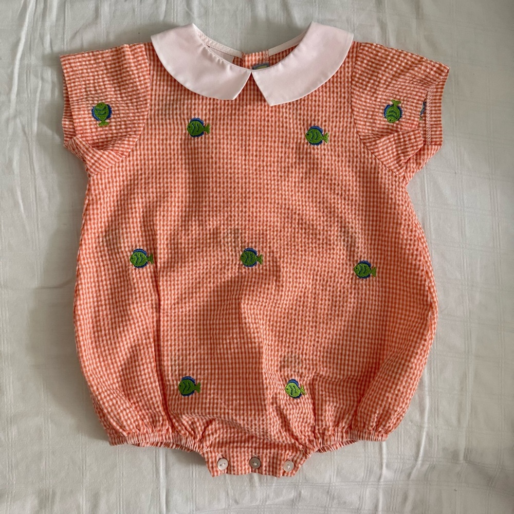 Orange Gingham Baby Romper with Fish Embroidery Peter Pan Collar